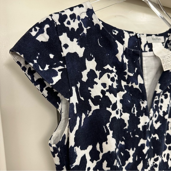 MaxMara Floral Print Dress-Size 12 Blue White Shirt Linen Lined Authentic - Picture 6 of 9